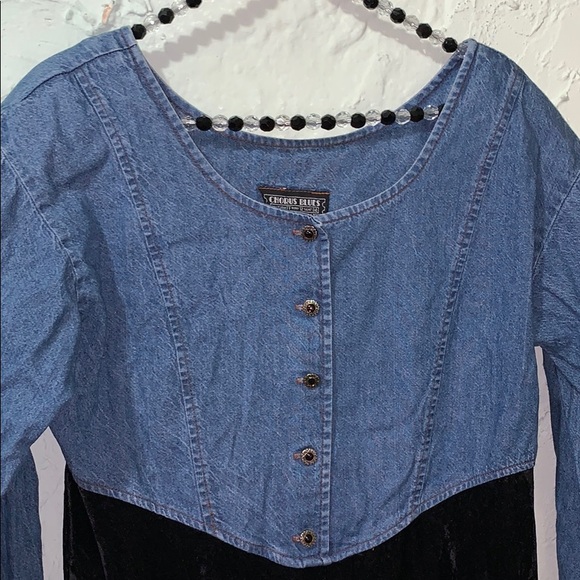 Vintage 90s Witchy Denim and Black Velvet Dress - Picture 3 of 7
